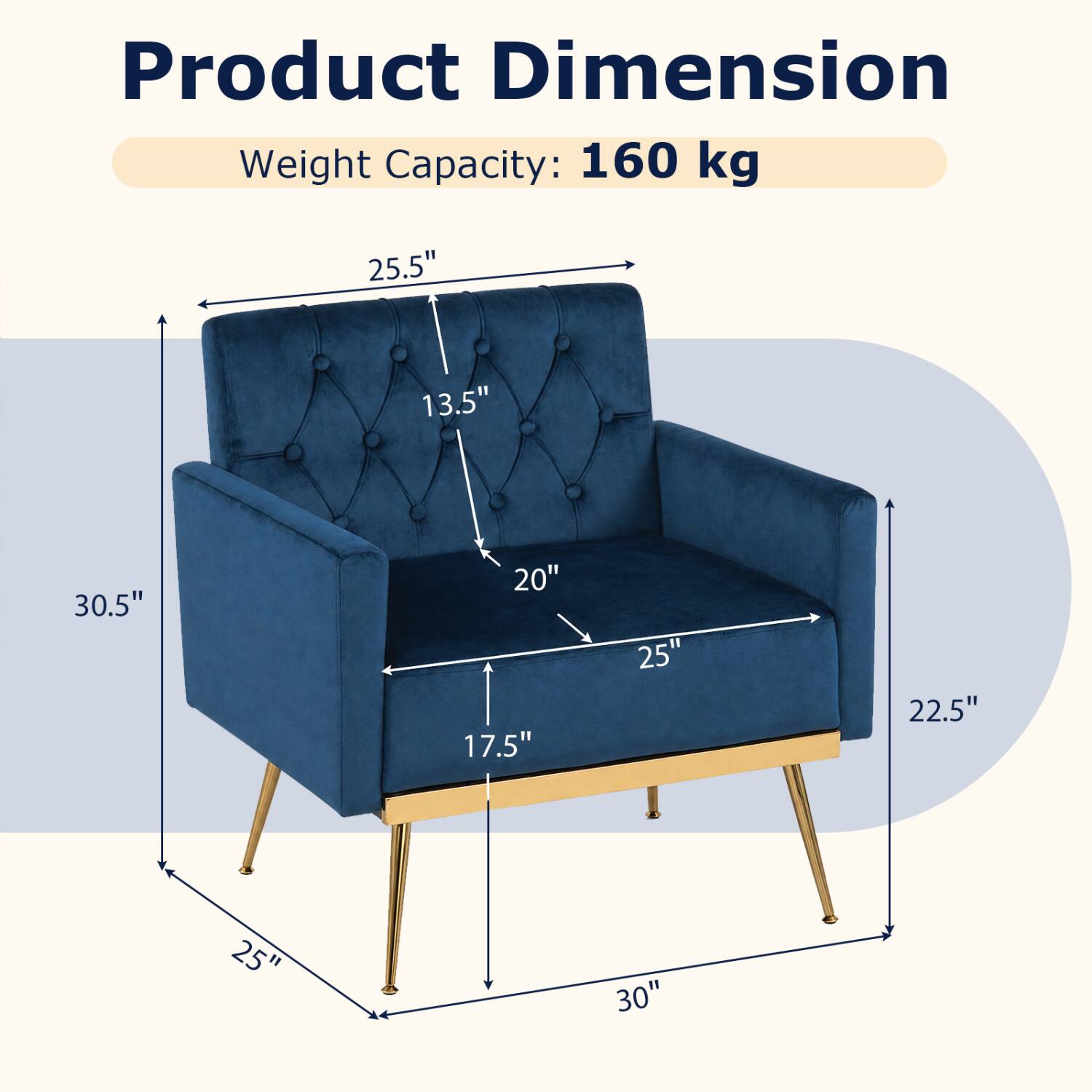 Product Dimension Weight Capacity: 160 kg

25.5"  
13.5"  
30.5"  
20"  
17.5"  
25"  
22.5"  
30"
