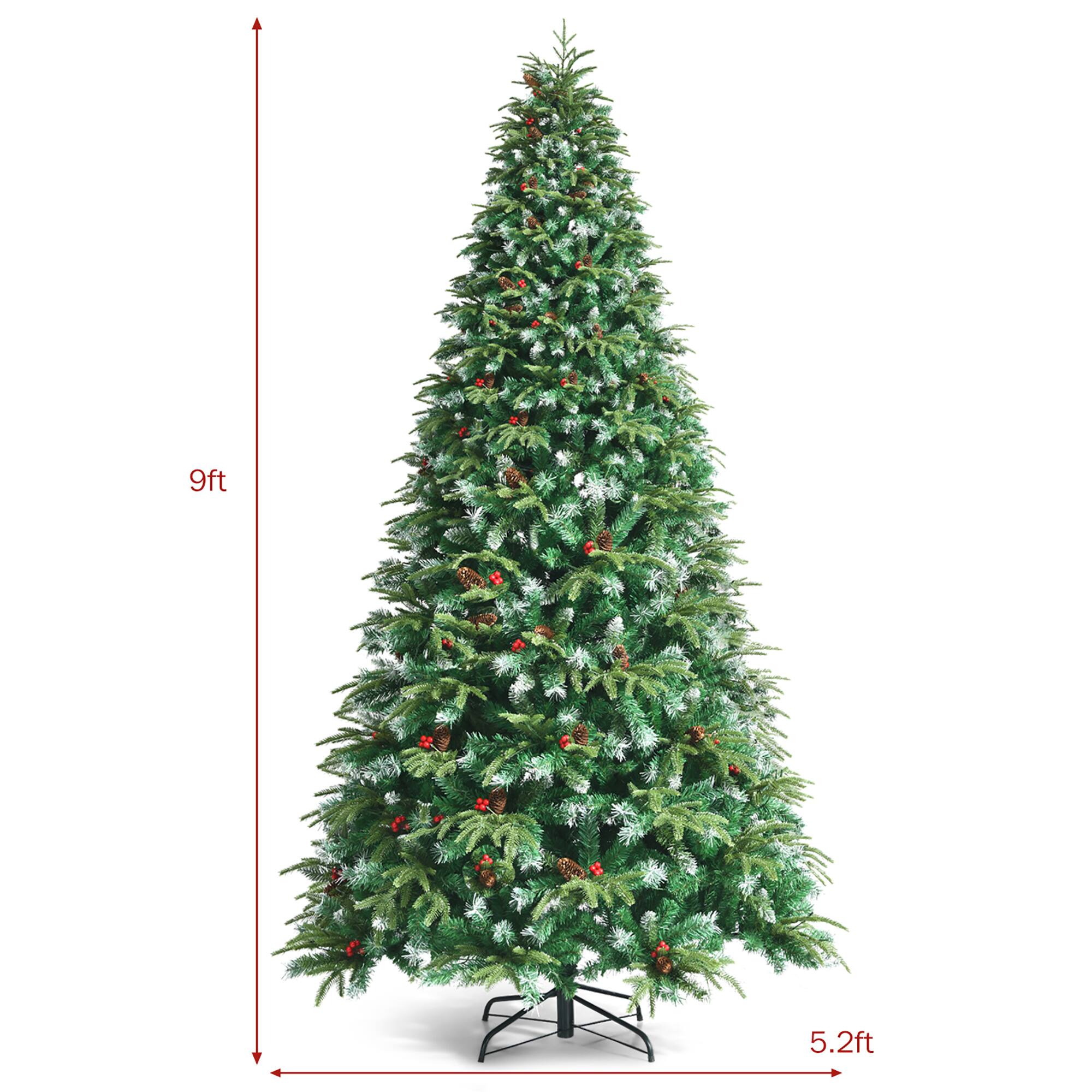 The text on the image reads "9ft 5.2ft." This indicates that the Christmas tree is 9 feet tall and has a base diameter of 5.2 feet.