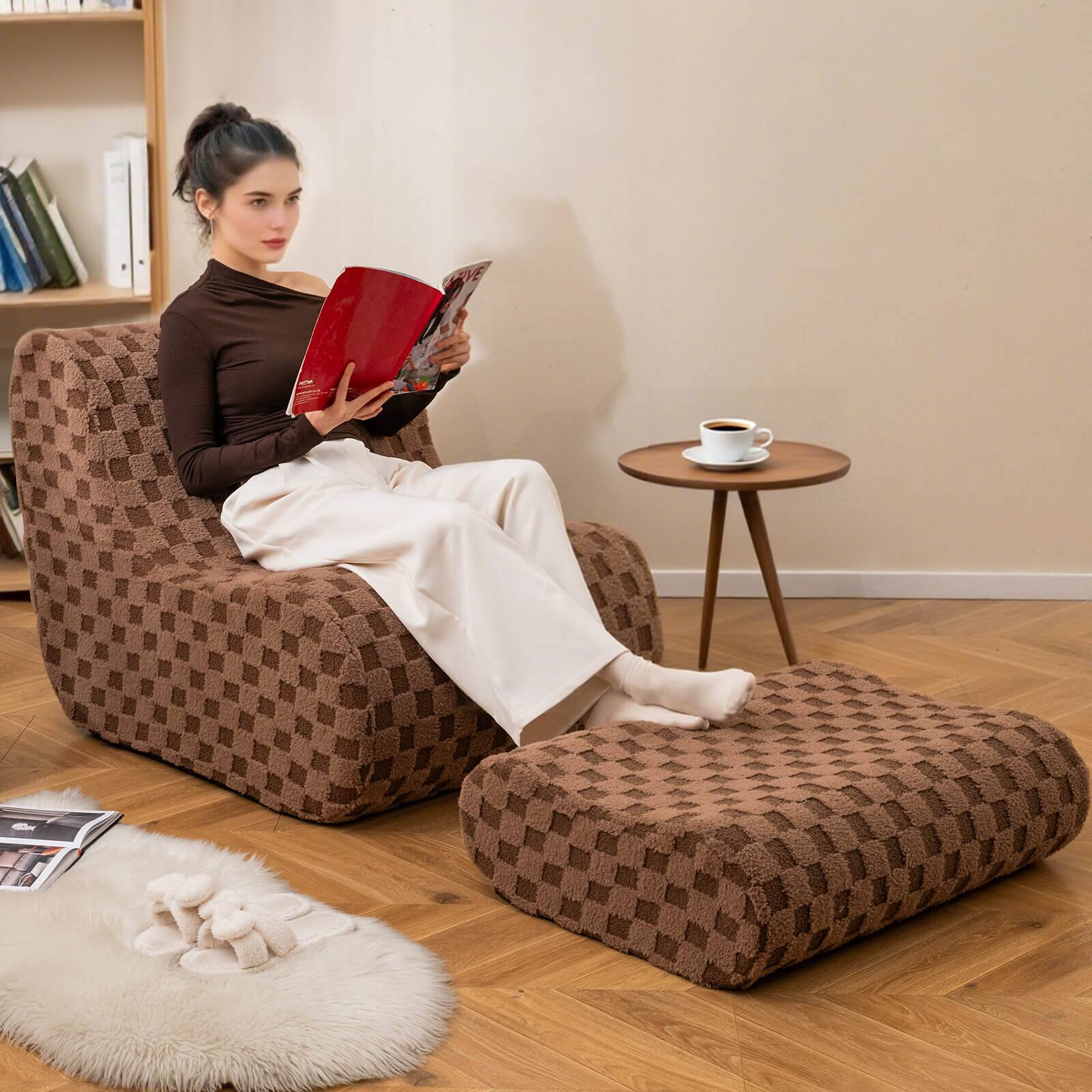 Alt View 3. Costway - Costway Bean Bag Chair with Ottoman High Elasticity Sponge Non-slip Bottom & Velvet Cover Brown - Brown.