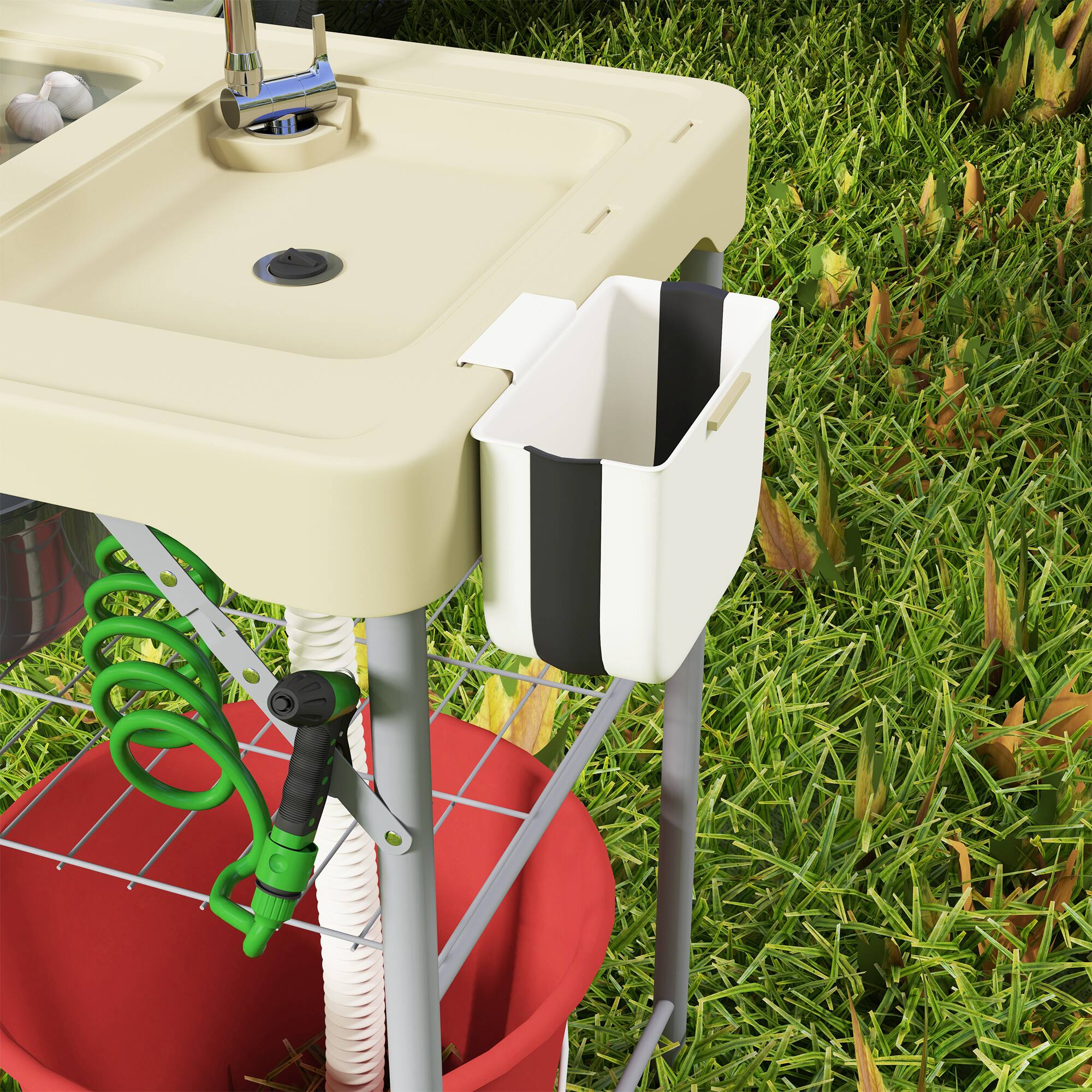 Alt View 8. Outsunny - Folding Fish Cleaning Table with Sinks, Portable Camping Sink Table with Faucet, Drainage Hose, Sprayer, Shelf - Tan.