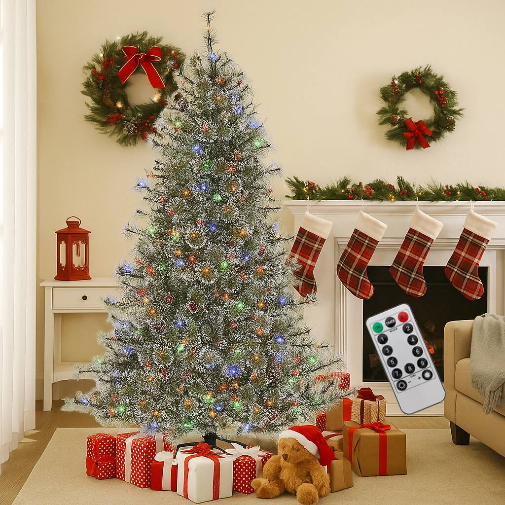 Angle. BreeBe - Artificial Xmas Tree 6FT/7.5FT/9FT Pre-Lit with Hinged Design & Fast Power Connector - Green.