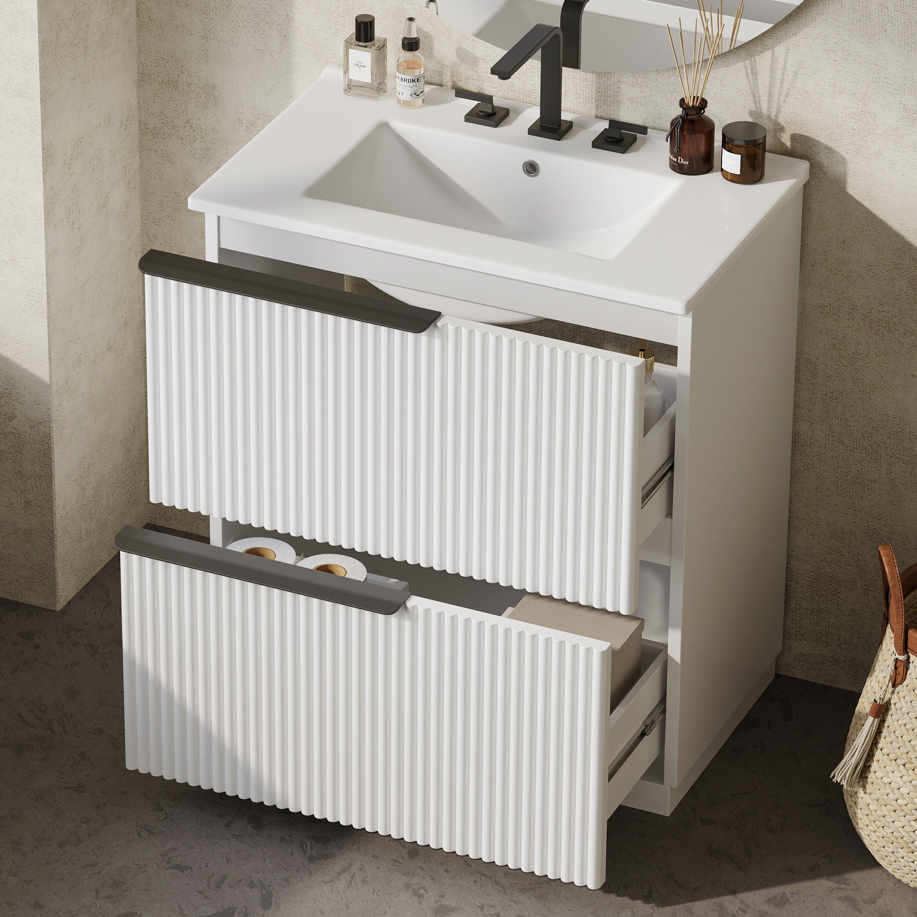 Alt View 10. Boyel Living - 30 Inch Bathroom Vanity with Ceramic Sink Full Extension Drawers Soft Close Fluted Design White - White.