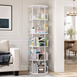RYHNUYNE - 5-Tier 360° Rotating Bookshelf Tower 62.2 in Tall Narrow Spinning Bookcase MDF and Iron Vertical Storage Rack - White