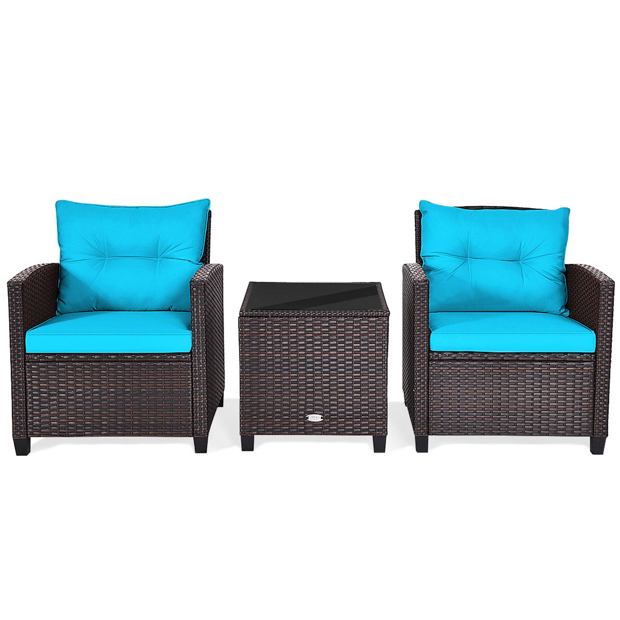 Alt View 1. Gymax - Gymax 3PCS Outdoor Patio Rattan Conversation Set w/ Coffee Table Turquoise Cushion - Mix Brown.