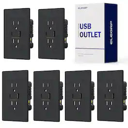 ELEGRP - USB Outlet Receptacle, 15A Outlet with USB C and USB A, 21W Duplex TR Wall Outlet, w/Wall Plate, UL Listed - Black