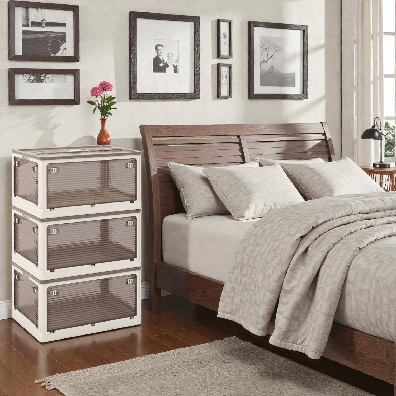 Front. Hivvago - Set of 3 Stackable Bins with Lids Featuring 5 Opening Options - Cream White & Clear Brown.