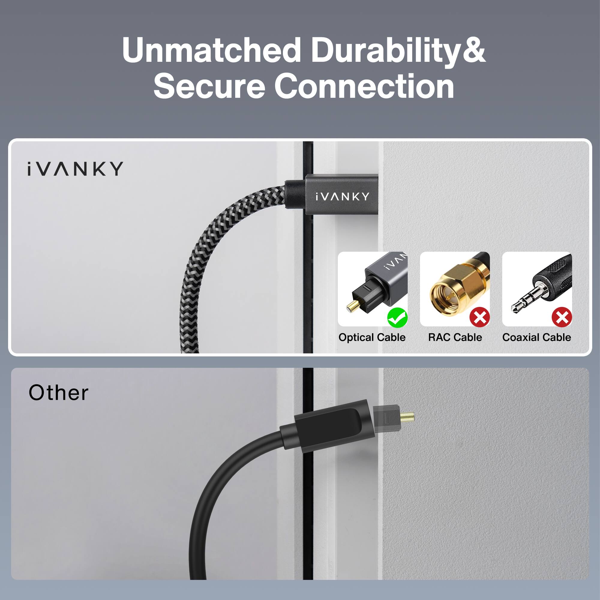 Unmatched Durability & Secure Connection

iVANKY

Optical Cable ✓  
RAC Cable ✗  
Coaxial Cable ✗  

Other