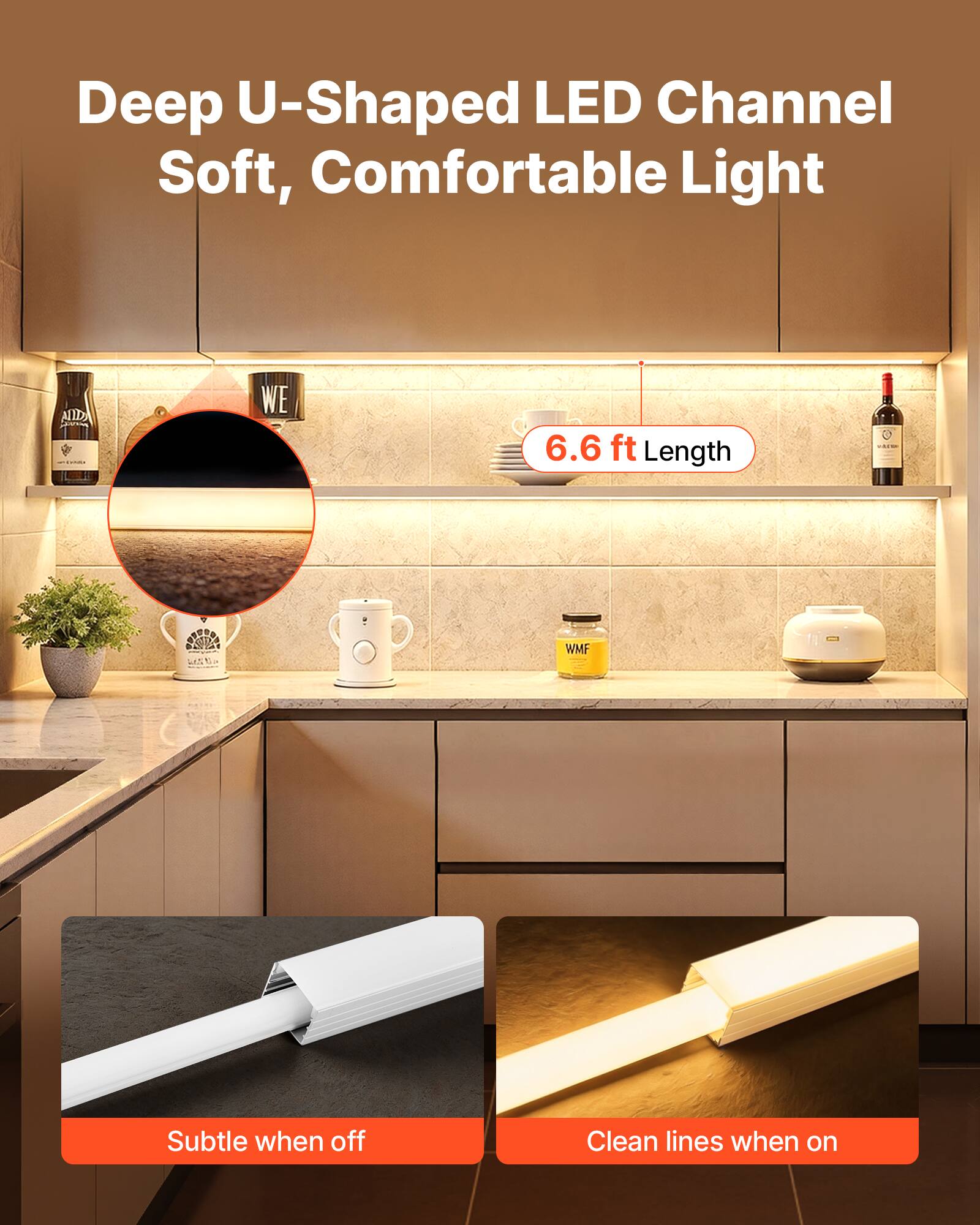 Deep U-Shaped LED Channel  
Soft, Comfortable Light  

6.6 ft Length  

Subtle when off  
Clean lines when on