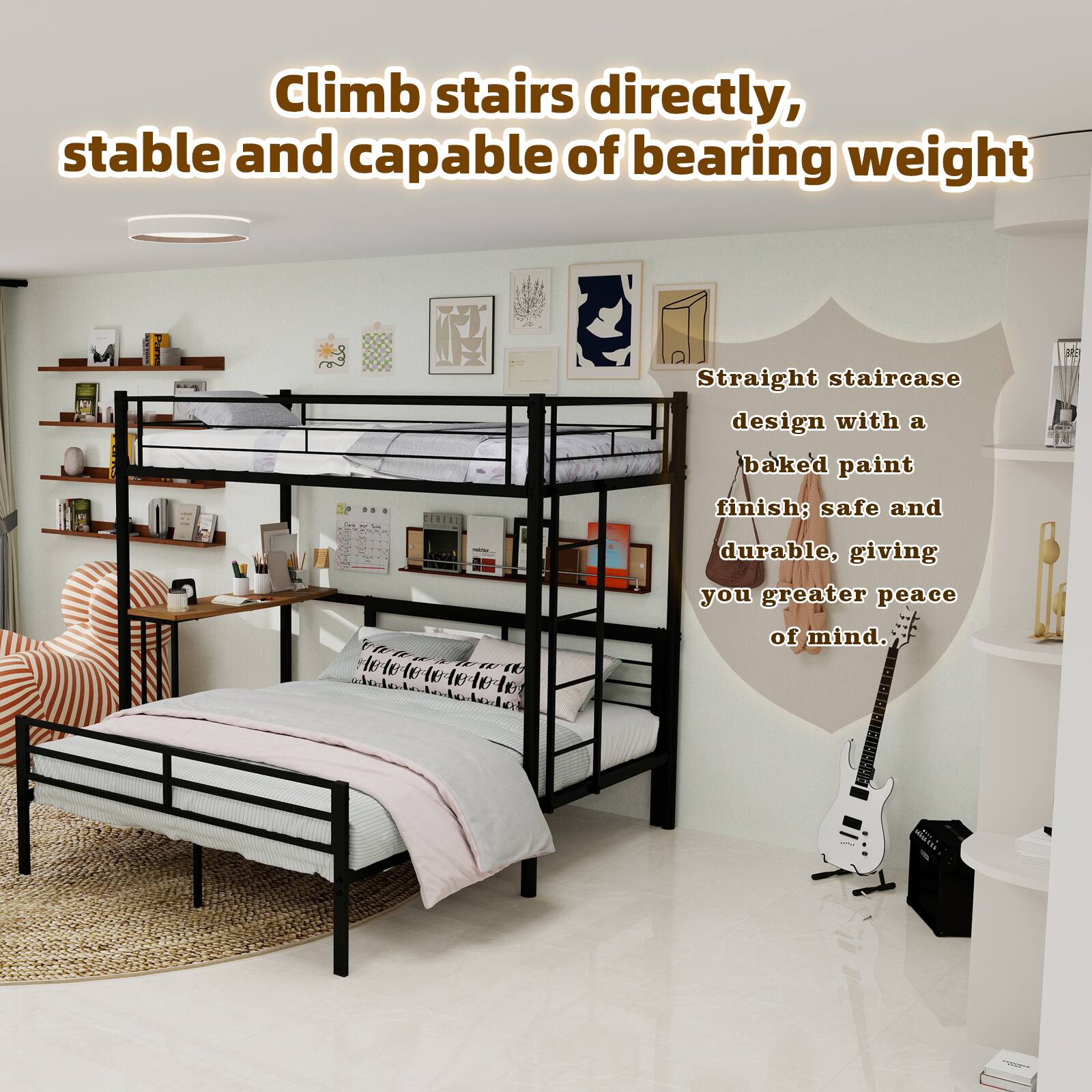 Climb stairs directly, stable and capable of bearing weight

Straight staircase design with a baked paint finish; safe and durable, giving you greater peace of mind.