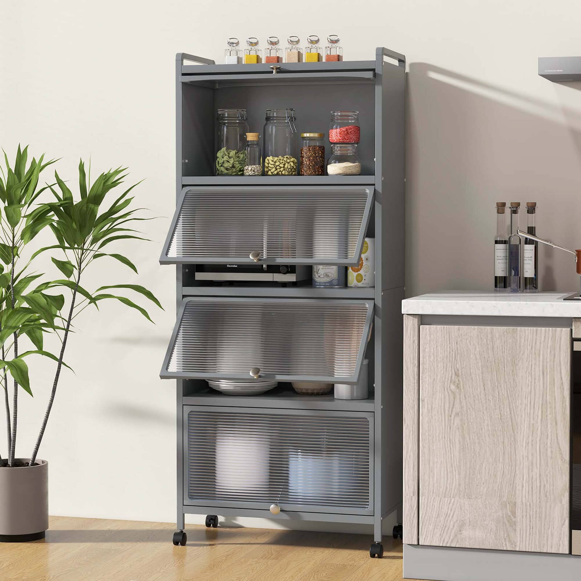 Alt View 3. Costway - Costway 5-Tier Kitchen Baker's Rack Storage Cabinet Mobile Microwave Stand Flip-up Doors Grey - Grey.