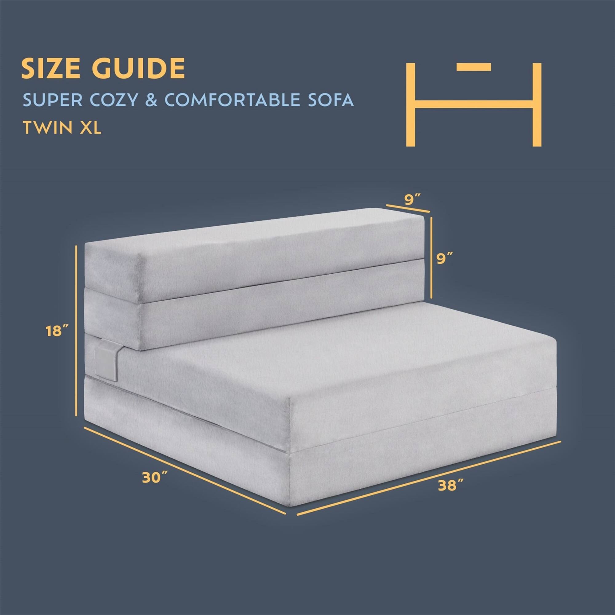 SIZE GUIDE SUPER COZY & COMFORTABLE SOFA H TWIN XL 9" 9" 18" 30" 38"