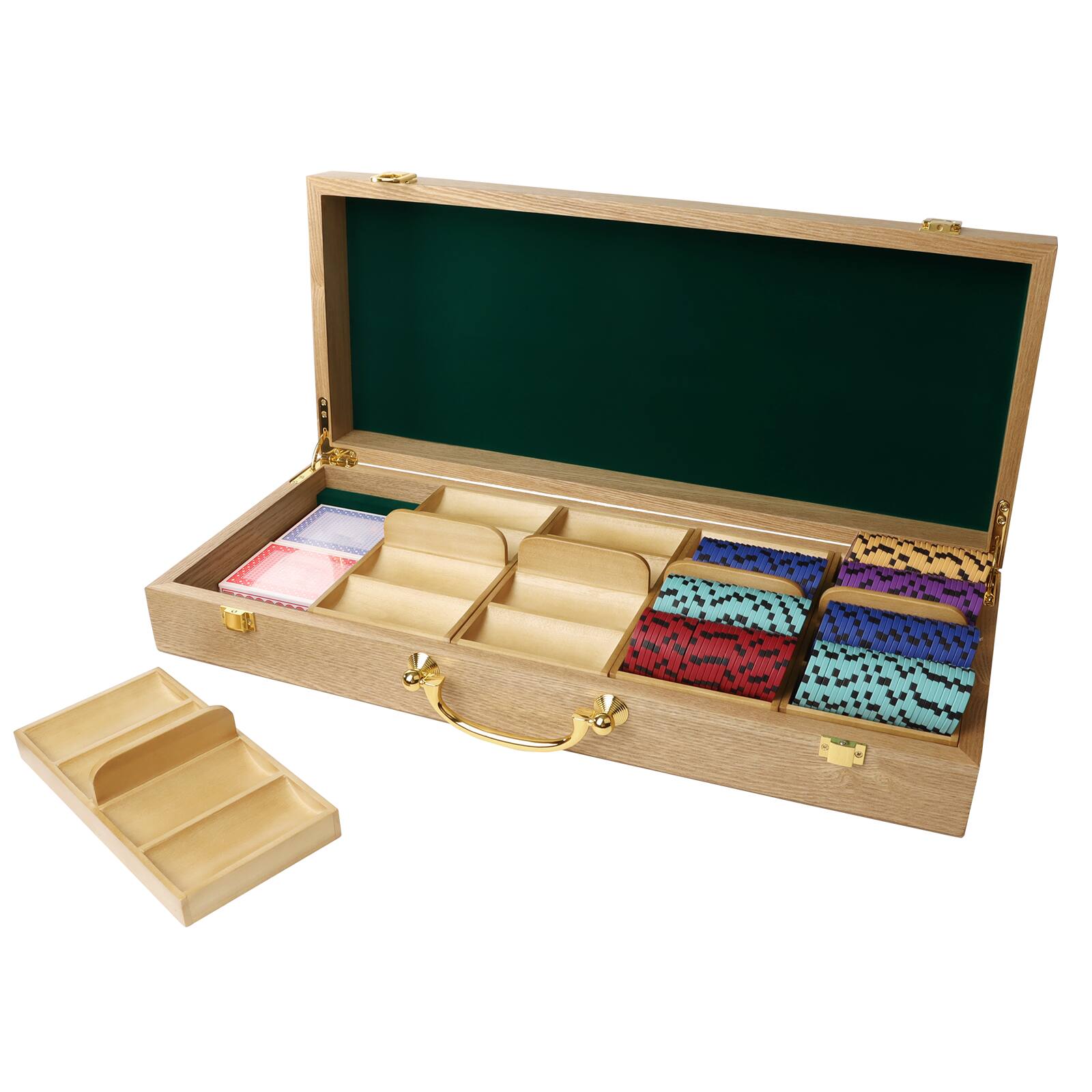 Front. GSE Games & Sports Expert - Poker Chips Carrier with 5 Wooden Poker Chip Trays for Any Thickness chips, Holds 500 Chips (Oak).