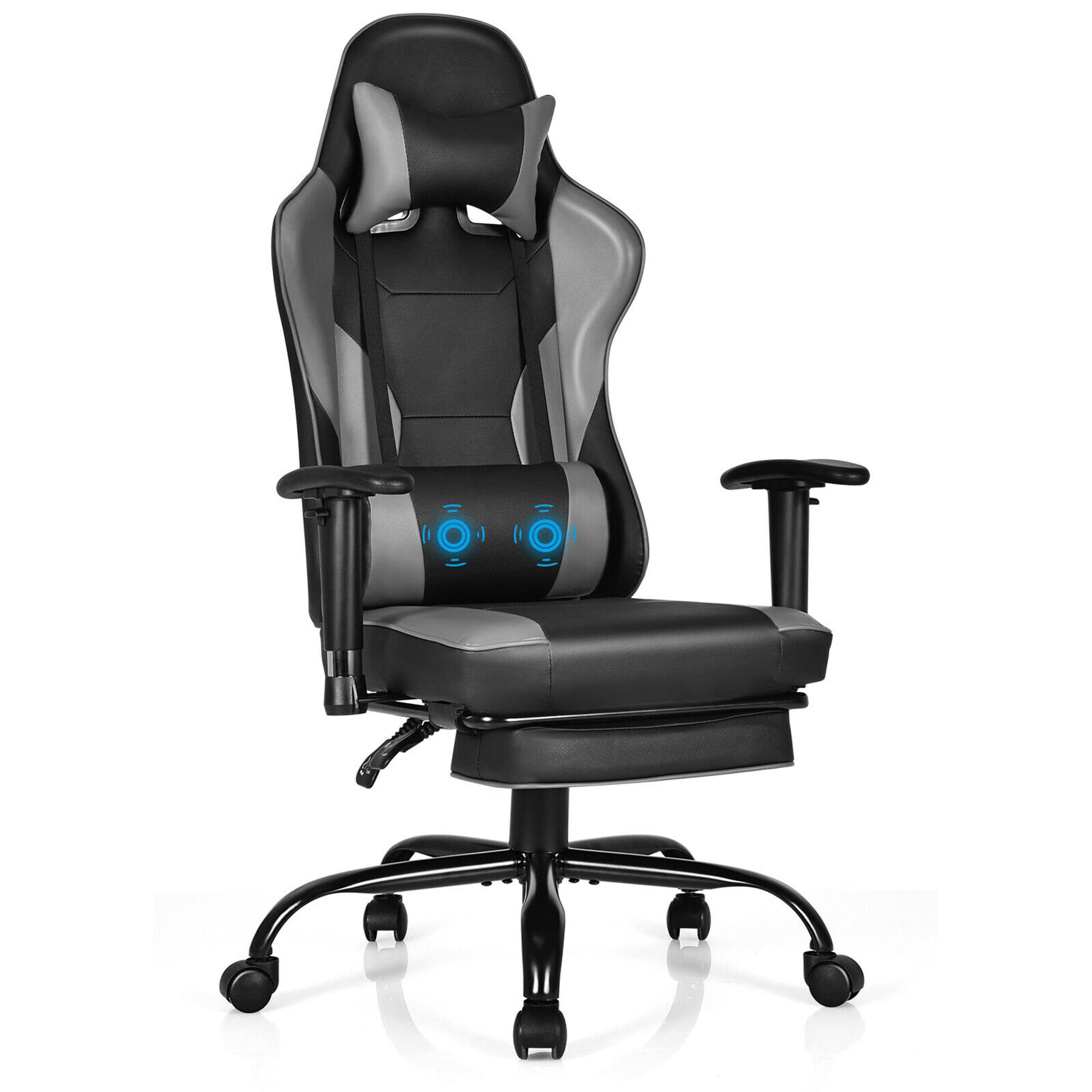 Gymax - Massage Gaming Chair Racing Computer Task Chair Recliner w/Footrest Grey - Black,Grey