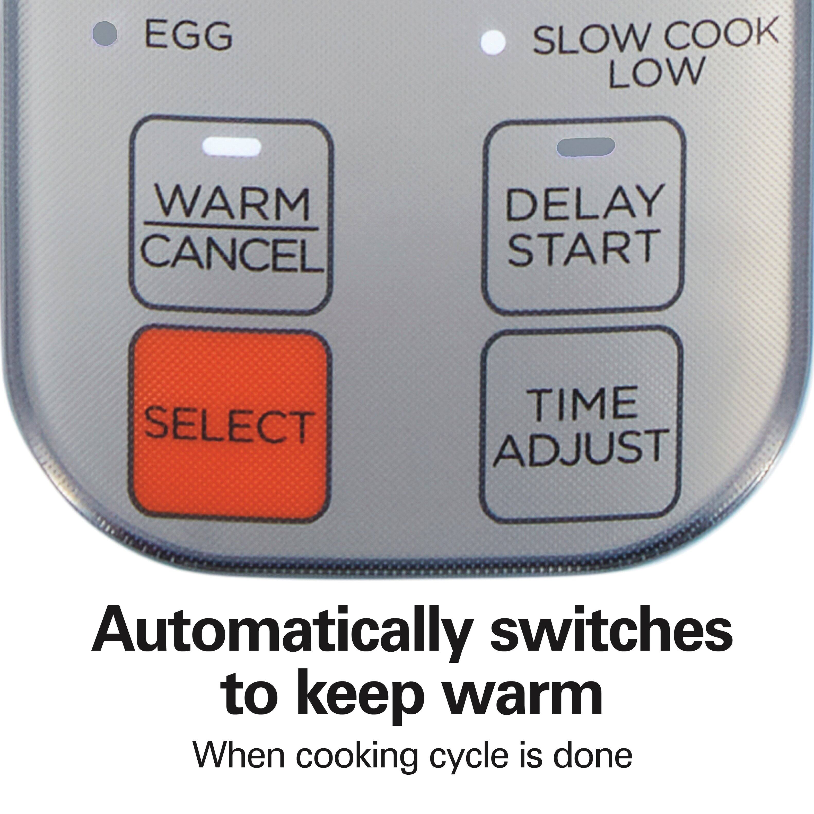 EGG  
SLOW COOK LOW  
WARM CANCEL  
DELAY START  
SELECT  
TIME ADJUST  

Automatically switches to keep warm  
When cooking cycle is done