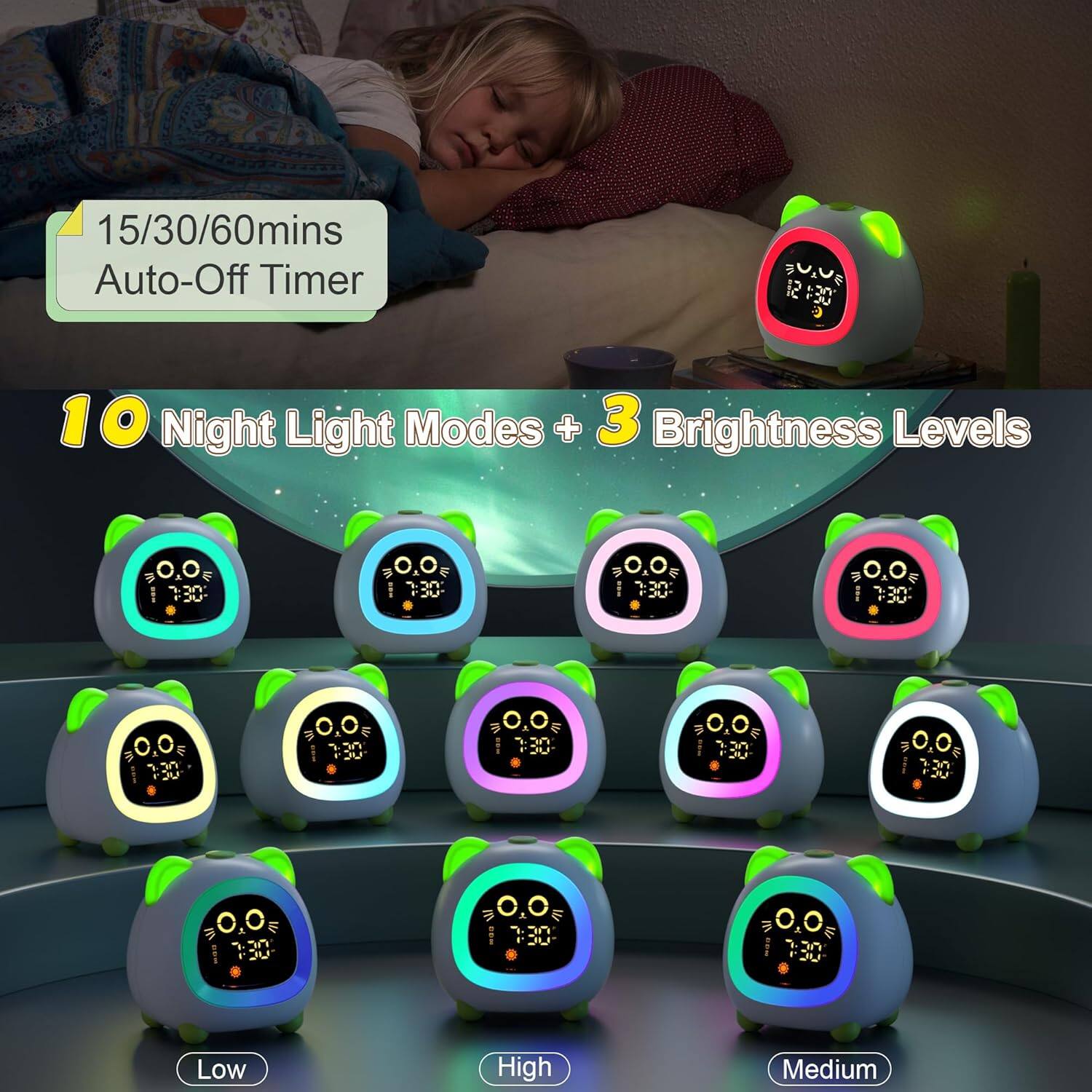 15/30/60mins Auto-Off Timer

10 Night Light Modes + 3 Brightness Levels

Low, Medium, High