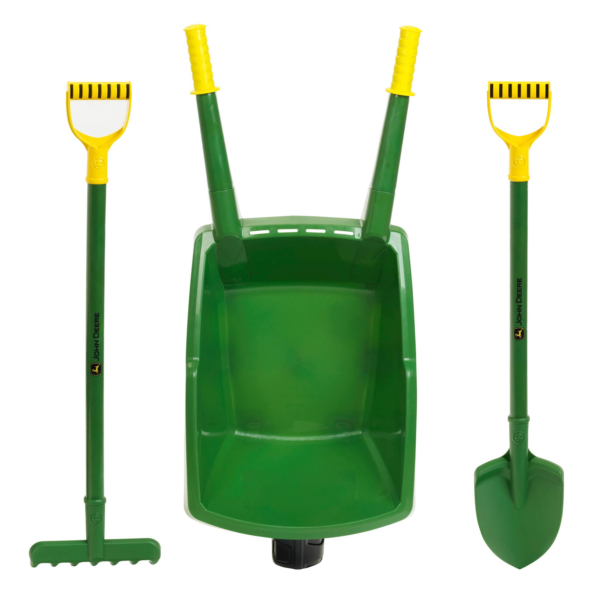 John Deere is a company that manufactures agricultural, construction, and forestry equipment. The image shows a John Deere shovel, which is a type of gardening tool. The shovel is green and has a yellow handle. The shovel is designed to be used for digging and moving soil, and it is a useful tool for gardening and landscaping tasks.