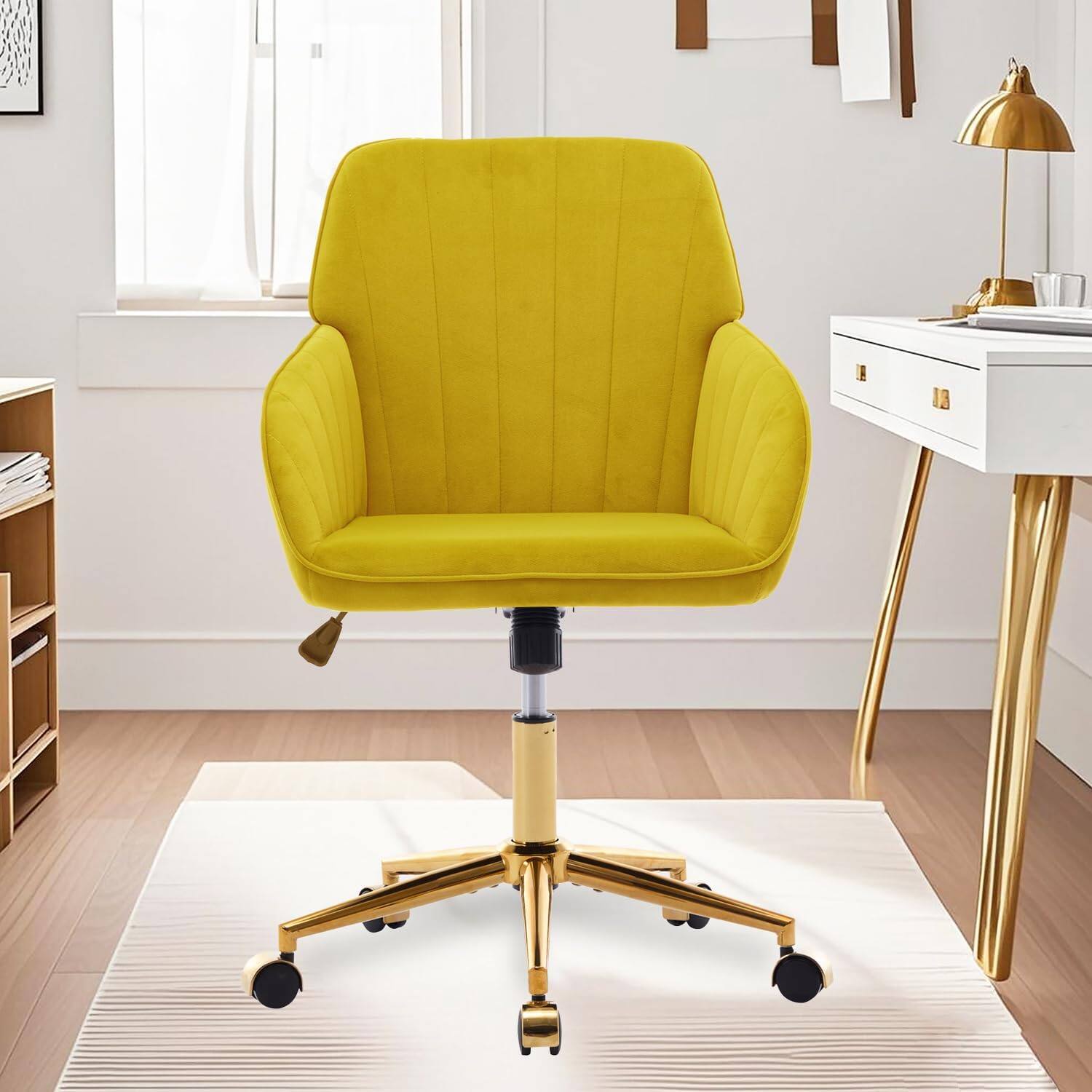 Alt View 3. Trinkets Crazed - 24.6" Velvet Office Chair, Ergonomic Swivel Desk Chair with Memory Foam Seat - Adjustable Height Computer Chair - yellow.