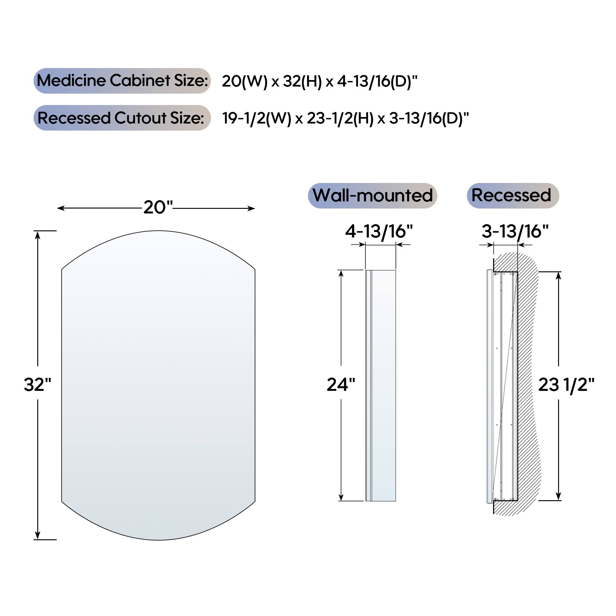 Medicine Cabinet Size: 20(W) x 32(H) x 4-13/16(D)"  
Recessed Cutout Size: 19-1/2(W) x 23-1/2(H) x 3-13/16(D)"  
20" Wall-mounted Recessed  
4-13/16"  
3-13/16"  
32"  
24"  
23 1/2"