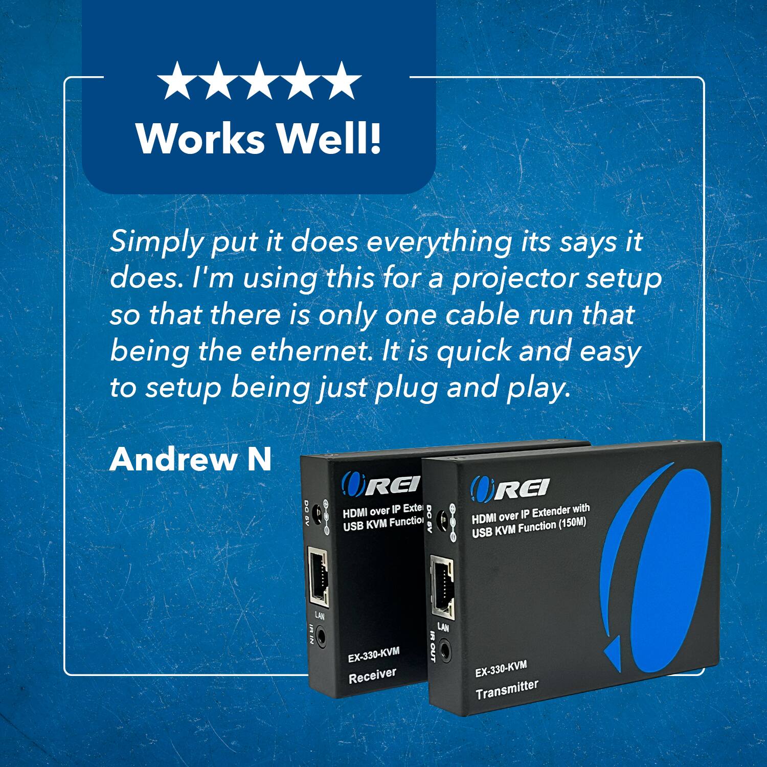 Works Well! Simply put it does everything its says it does. I'm using this for a projector setup so that there is only one cable run that being the ethernet. It is quick and easy to setup being just plug and play. Andrew N : REI over IP Extender with HDMI over IP KVM Function (150M) USB LAN EX-330-KVM Receiver LAN a OUT EX-330-KVM Transmitter
