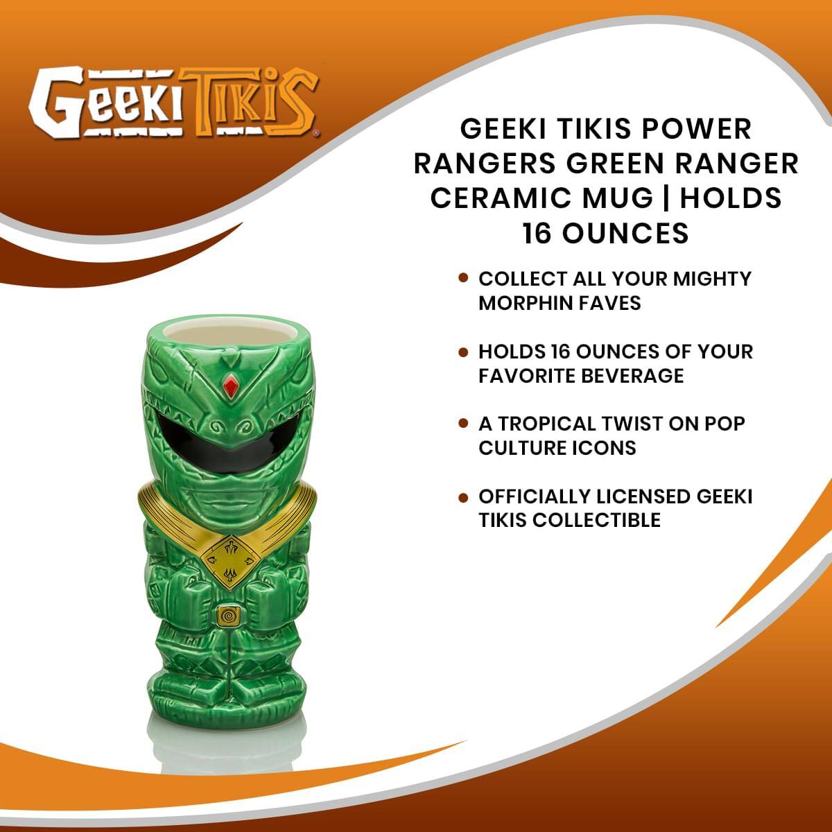 Geeki Tikis Power Rangers Green Ranger Ceramic Mug | Holds 16 Ounces

- Collect all your Mighty Morphin Faves
- Holds 16 ounces of your favorite beverage
- A tropical twist on pop culture icons
- Officially licensed Geeki Tikis collectible