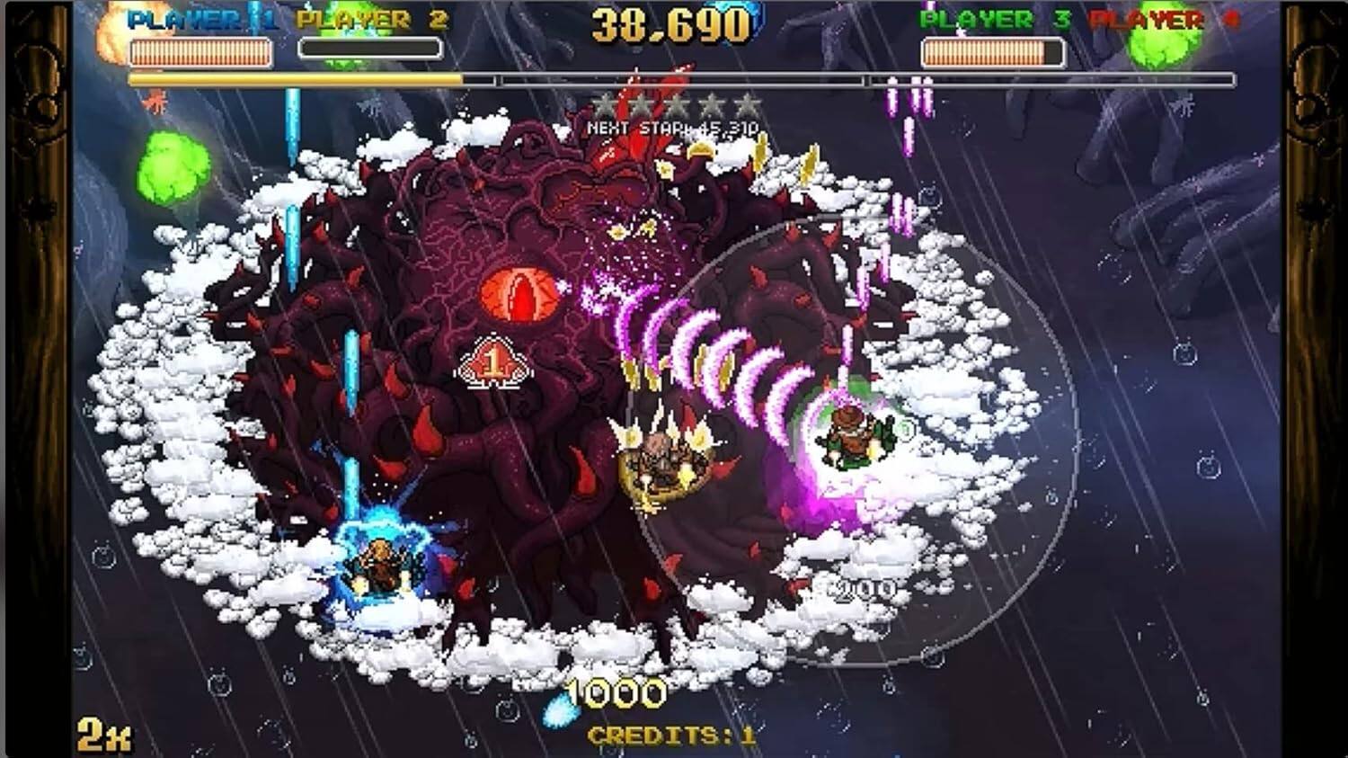 PLAYER 1 PLAYER 2 38.690 PLAYER 3 PLAYER 4 NEXT STAR 45 31p 1 9:00 2x 1000 CREDITS:1