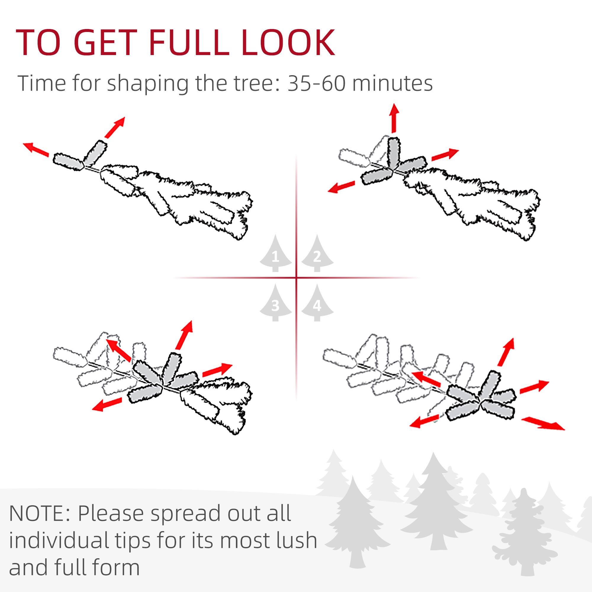 To get a full look, the time for shaping the tree is 35-60 minutes. 

1. 
2. 
3. 
4. 

Note: Please spread out all individual tips for its most lush and full form.