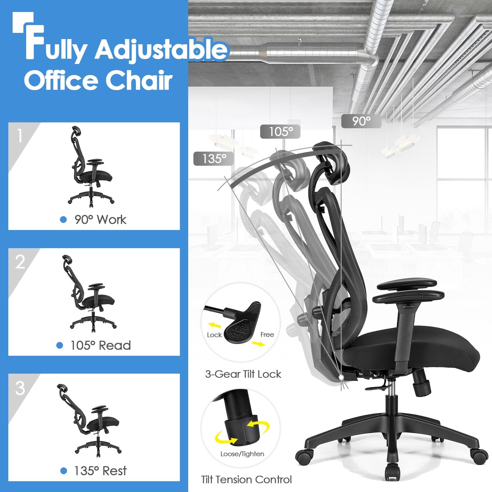 Fully Adjustable Office Chair 1: 135°, 105°, 90°, 90° Work 2: 105°, Read, Lock Free 3: 3-Gear Tilt Lock, 135°, Rest, Loose/Tighten Tilt Tension Control