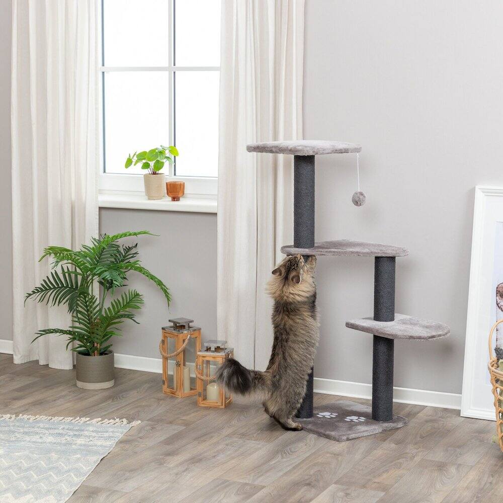 Angle. TRIXIE - Altea Plush 3-Level Cat Tree with Sisal Scratching Posts & Cat Toy - Dark Gray.