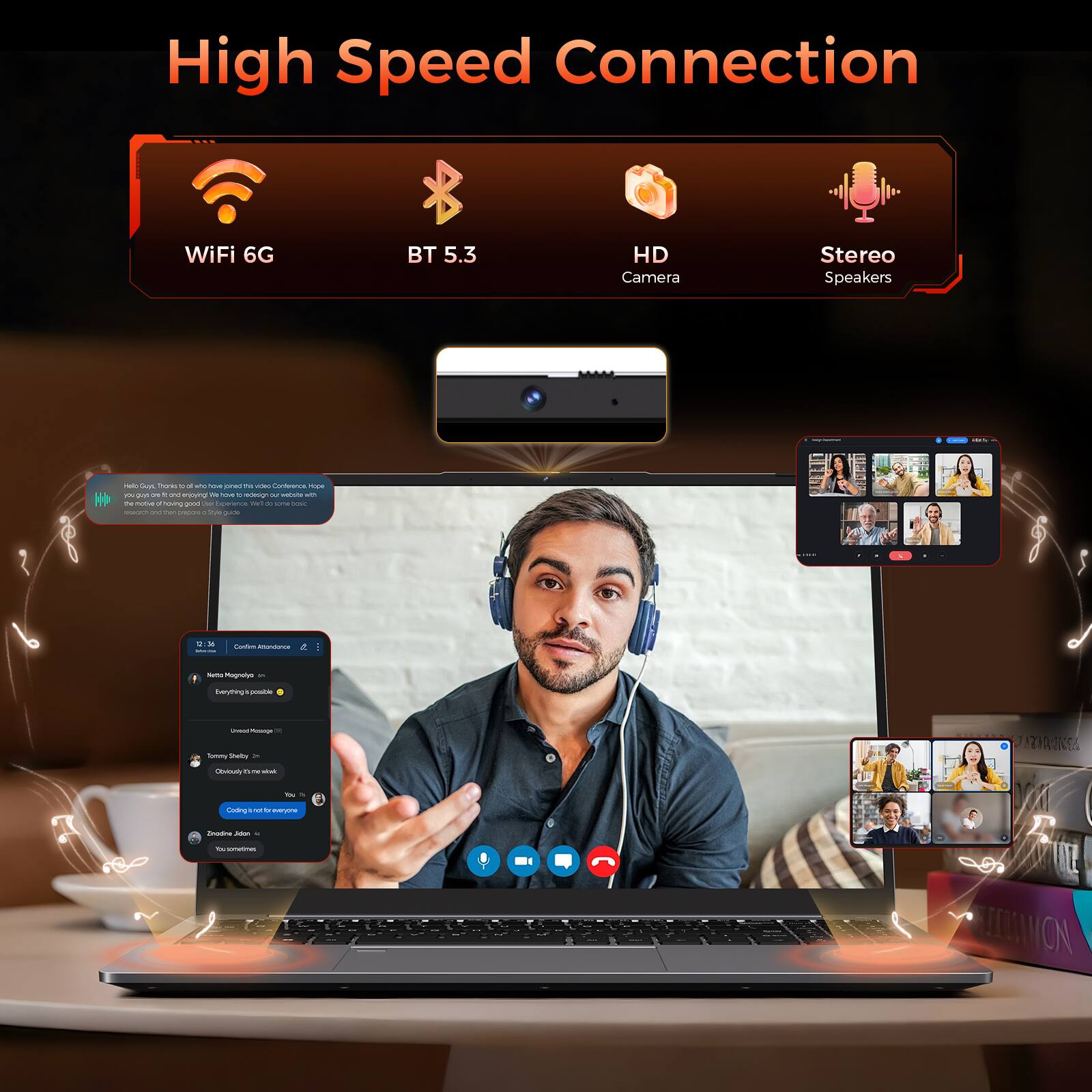 High Speed Connection  
WiFi 6G  
BT 5.3  
HD Camera  
Stereo Speakers  

Hello AM Thanks a OR pred N VOIO Conference Hipe YOUR on too ming der nove acign OUF Milcass 10 PM HUT having good UWK Interience 50 some bask ravarents and View 20000 Style guide  
...  
12:36  
Contim Attondonce  
Nodia Magnalya -  
berything pooble  
UNIVECT Message P. Tommy Stoby  
12000000  
Obviously time with  
You  
Codingismat.breveryone  
Zinadine Jidon  
TOL IOMEDITION  

-  
RETELTION