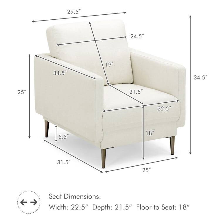 29.5" 24.5" 34.5" 19" 34.5" 25" 21.5" 22.5" 5.5" 18" 31.5" 25" Seat Dimensions: Width: 22.5" Depth: 21.5" Floor to Seat: 18"