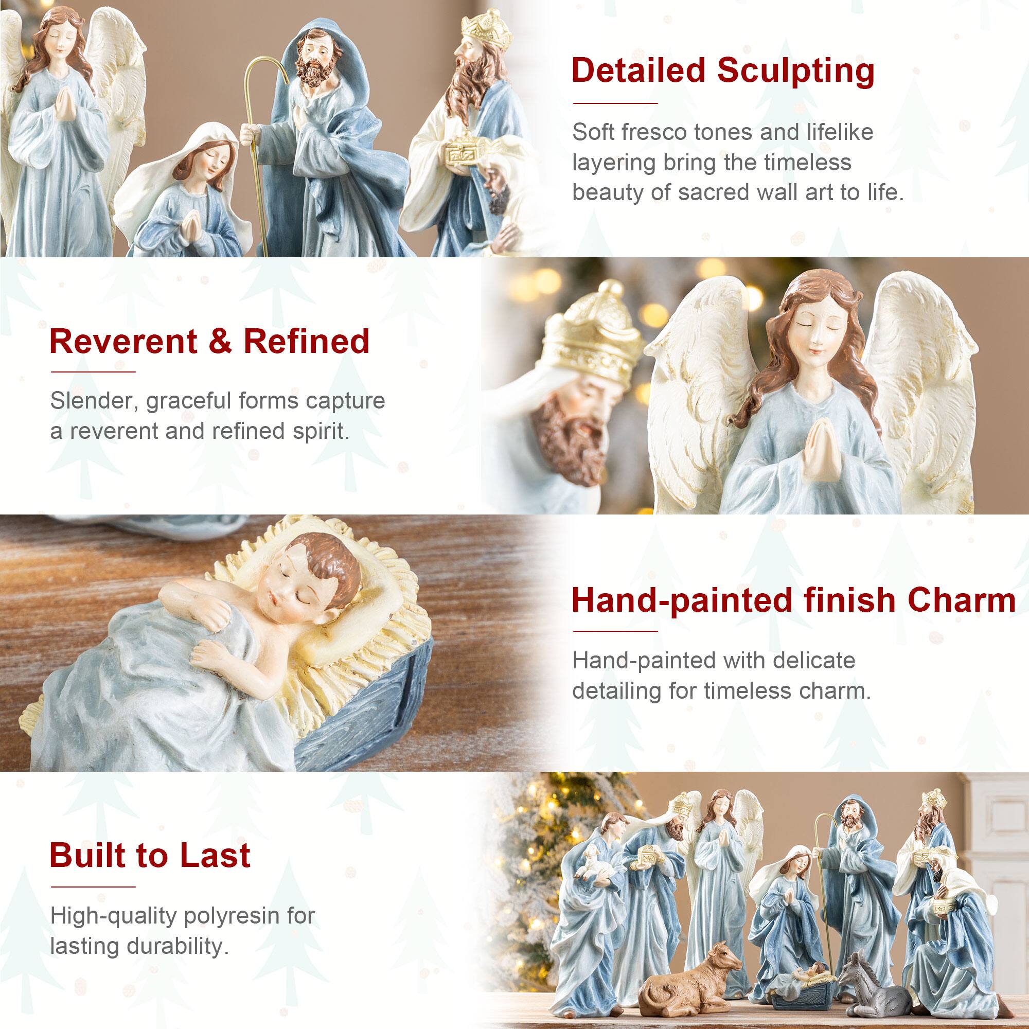 Detailed Sculpting  
Soft fresco tones and lifelike layering bring the timeless beauty of sacred wall art to life.  

Reverent & Refined  
Slender, graceful forms capture a reverent and refined spirit.  

Hand-painted finish Charm  
Hand-painted with delicate detailing for timeless charm.  

Built to Last  
High-quality polyresin for lasting durability.