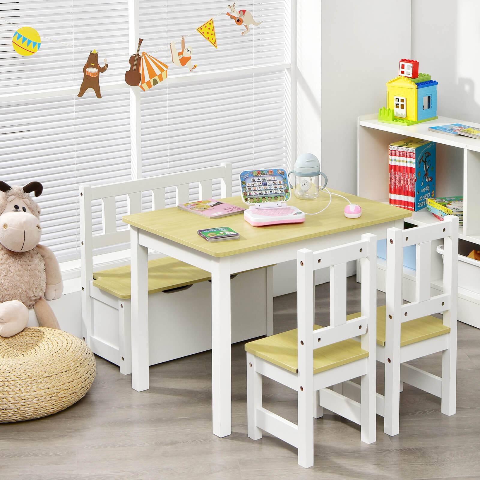 Alt View 1. Costway - Costway 4 PCS Kids Wooden Activity Table & Chairs Set with Storage Bench Study Desk - Natural,White.