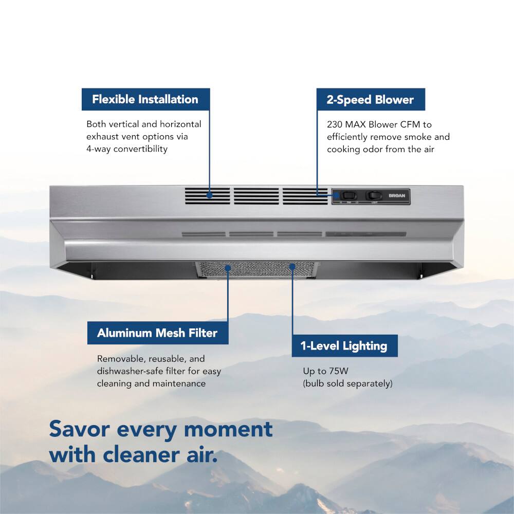 The text on the image is already grouped and correctly written. It reads:

Flexible Installation 2-Speed Blower Both vertical and horizontal exhaust vent options via 4-way convertibility 230 MAX Blower CFM to efficiently remove smoke and cooking odor from the air BROAN Aluminum Mesh Filter Removable, reusable, and dishwasher-safe filter for easy cleaning and maintenance 1-Level Lighting Up to 75W (bulb sold separately) Savor every moment with cleaner air.