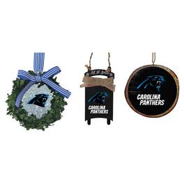 The Memory Company - Carolina Panthers Three-Pack Wreath, Sled & Circle Ornament Set - Multicolor