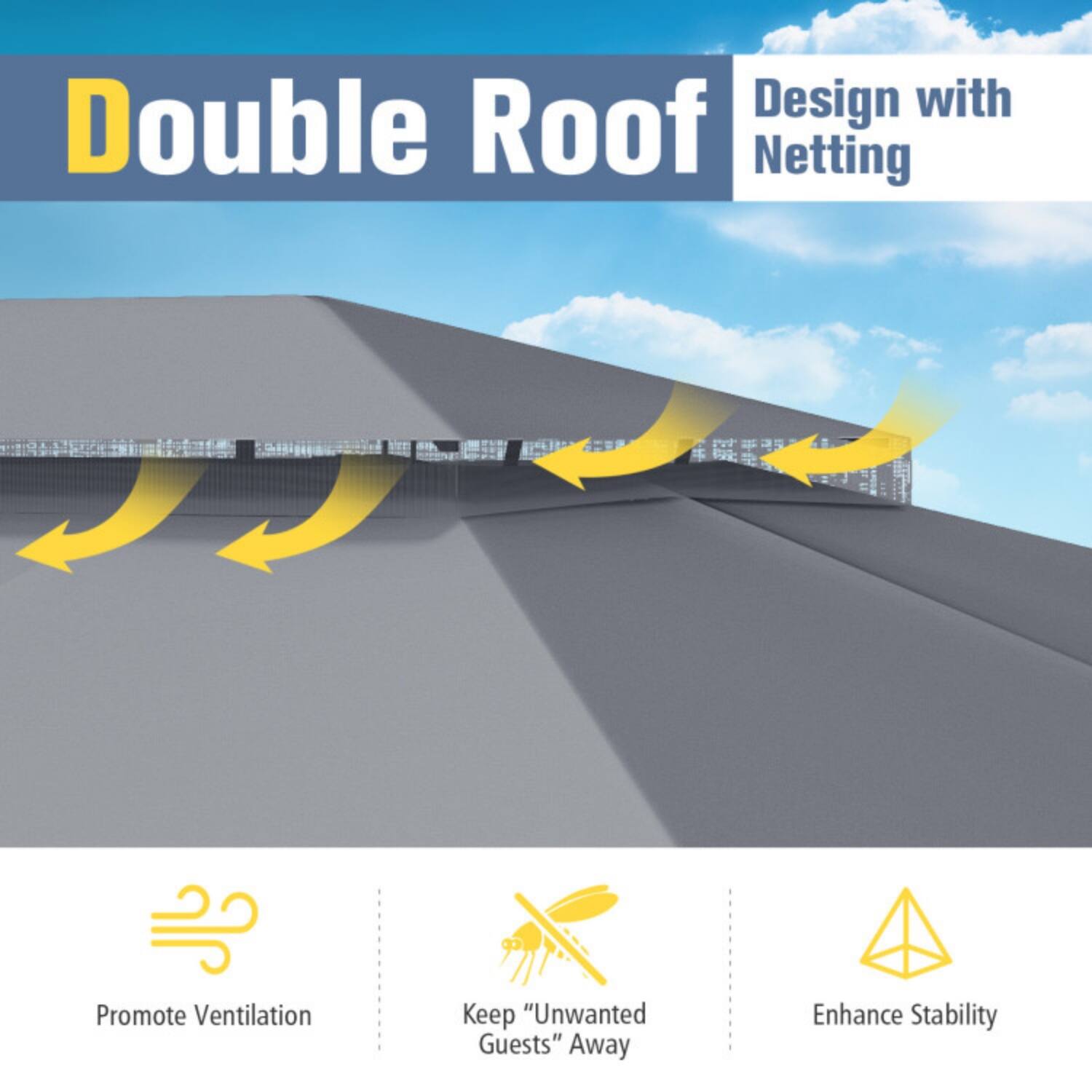 Double Roof  
Design with Netting

- Promote Ventilation
- Keep "Unwanted Guests" Away
- Enhance Stability