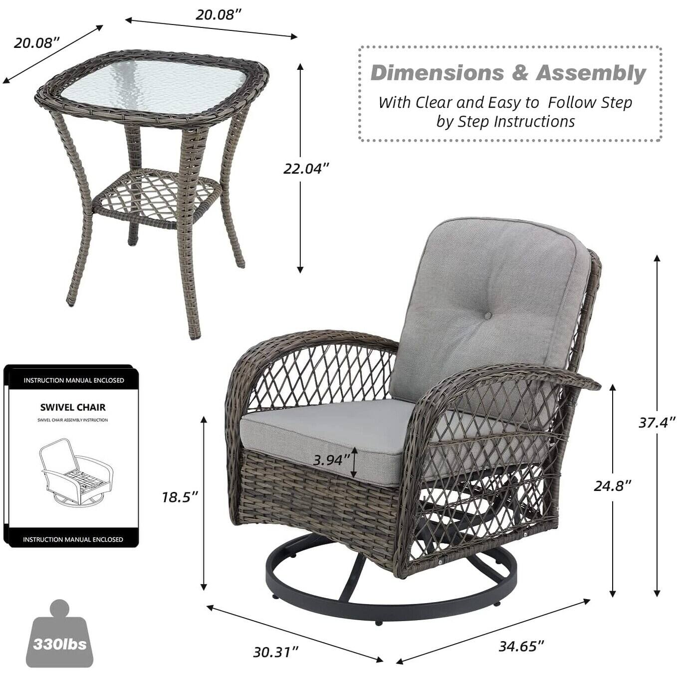 **Dimensions & Assembly**  
With Clear and Easy to Follow Step by Step Instructions

**INSTRUCTION MANUAL ENCLOSED**

**SWIVEL CHAIR**  
SWIVEL CHAIR ASSEMBLY INSTRUCTIONS

**INSTRUCTION MANUAL ENCLOSED**

- Table:  
  - Diameter: 20.08"  
  - Height: 22.04"

- Swivel Chair:  
  - Height: 37.4"  
  - Width: 34.65"  
  - Depth: 30.31"  
  - Seat Height: 18.5"  
  - Armrest Height: 24.8"  
  - Back Height: 3.94"

- Weight Capacity: 330lbs
