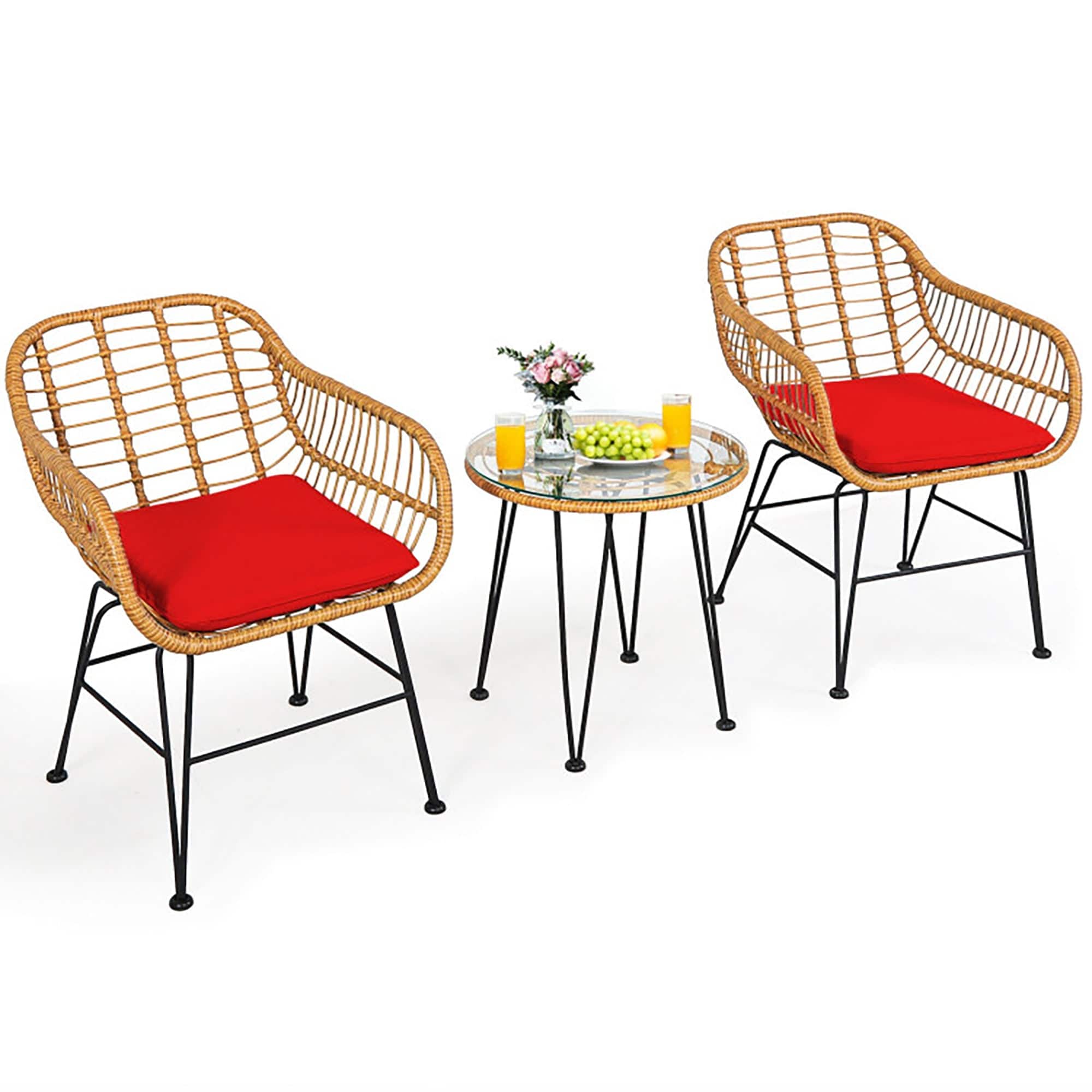 Boyel Living - 3 Pieces Rattan Furniture Set with Cushioned Chair Table - Red