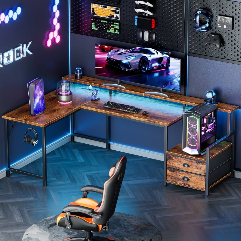 Alt View 1. Furnulem - L Shaped Computer Desk with Charging Station Gaming Desk with LED Lights 2 Drawers Monitor Stand - Brown.