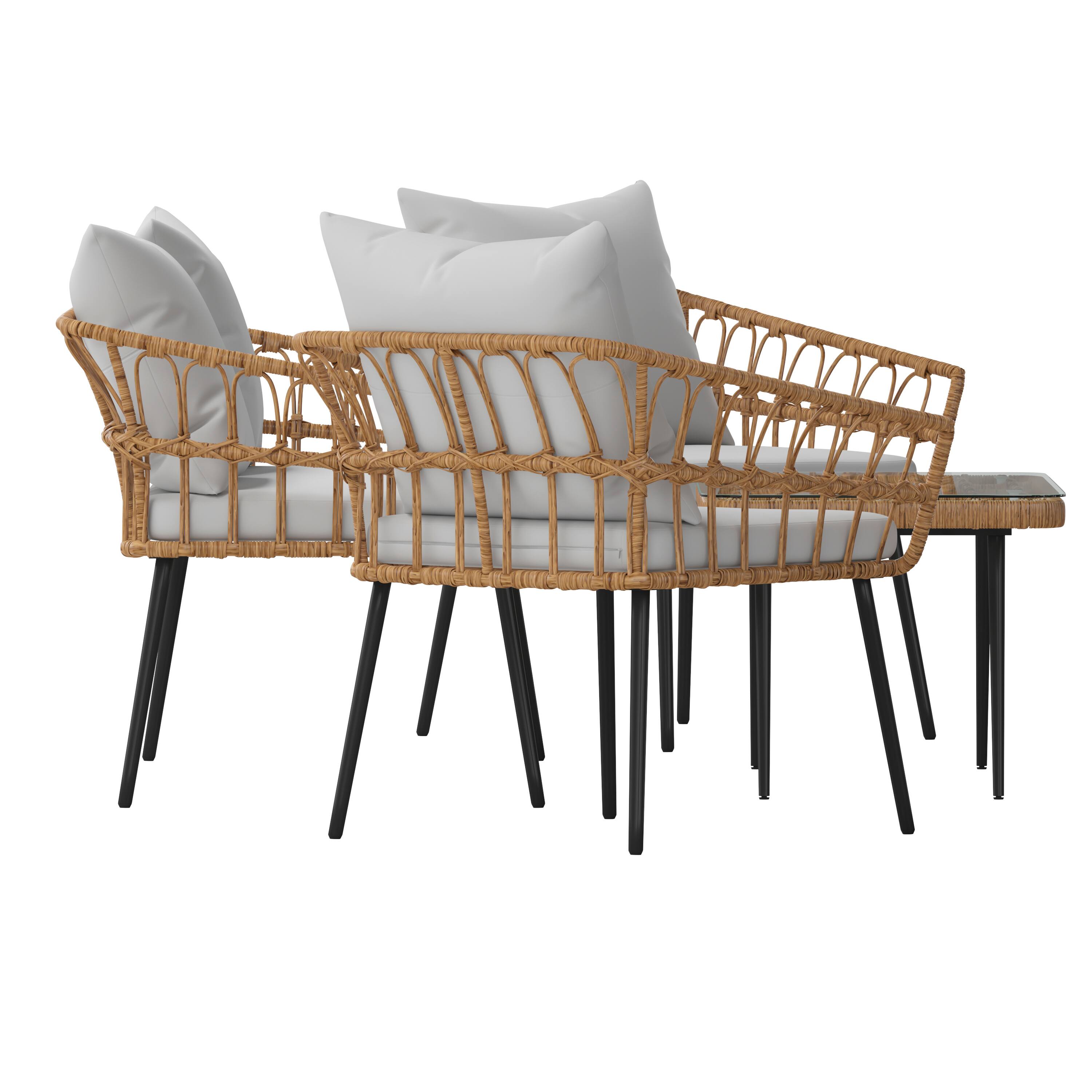 Alt View 10. Emma + Oliver - 4PC Rattan Patio Set with Two Chairs, Loveseat, Table & Cushions - Gray Cushions/Natural Frame.