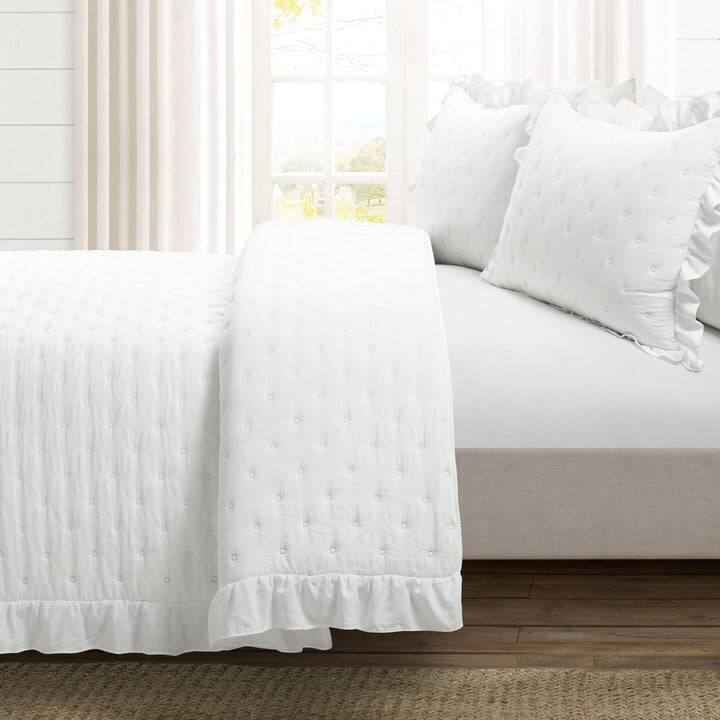 Angle. Hivvago - King Size Lightweight White Ruffle Reversible Oversized 3 Piece Quilt Set - White.