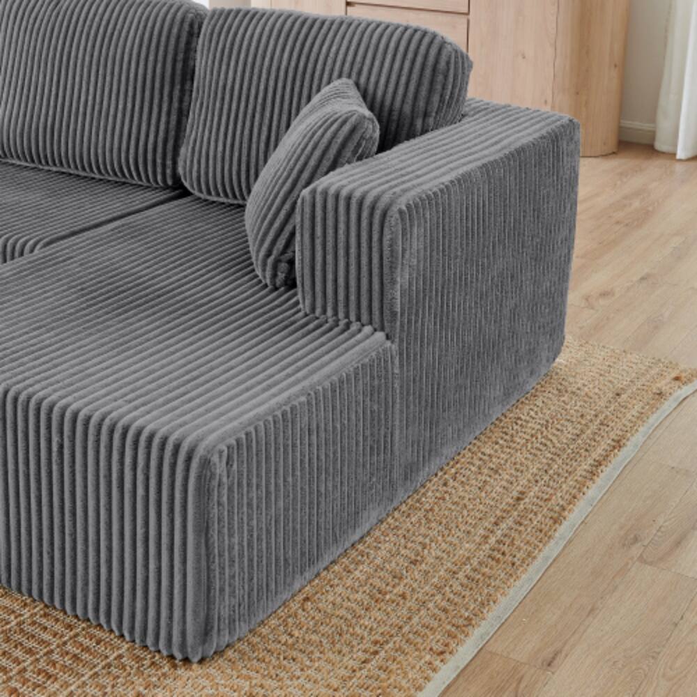 Back. LUCKY ONE - U-Shape Modular Sectional Sofa Compressed Corduroy Sleeper Couch No Assembly - Grey.