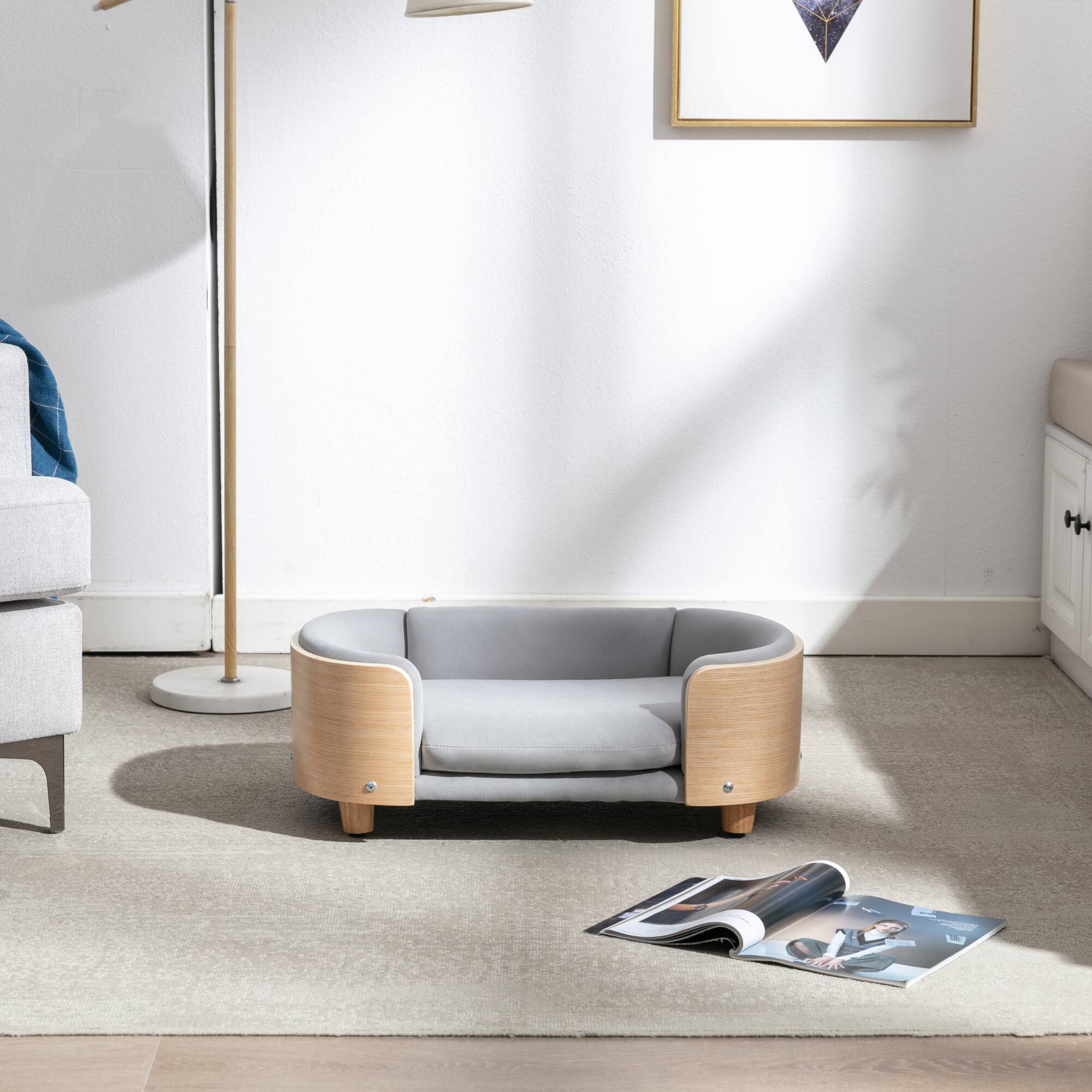 Back. APRILSOUL - Scandinavian style Elevated Dog Bed Pet Sofa With Solid Wood legs and Bent Wood Back Velvet CushionSmall Size - LIGHT GREY.