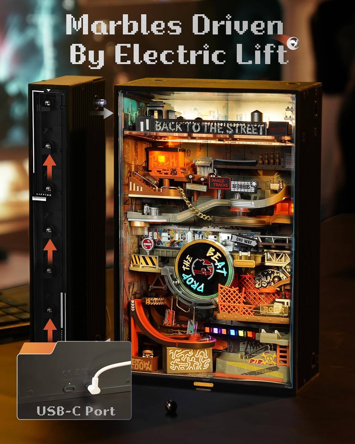 Marbles Driven By Electric Lift

BACK TO THE STREET

DANCE TRACKS

BEERS

ONE WAY

THE BEAT

WARNING

USB-C Port