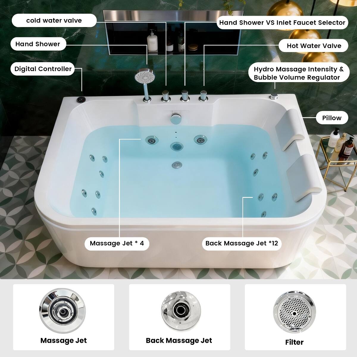 Loheer 61 in Acrylic Freestanding Whirlpool Bathtub for Two with Heater ...