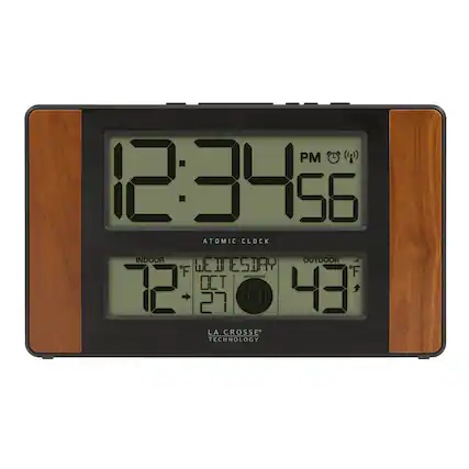 PM 12:34:56
ATOMIC CLOCK
INDOOR 72°F
WEDNESDAY OCT 27
OUTDOOR 43°F
LA CROSSE TECHNOLOGY