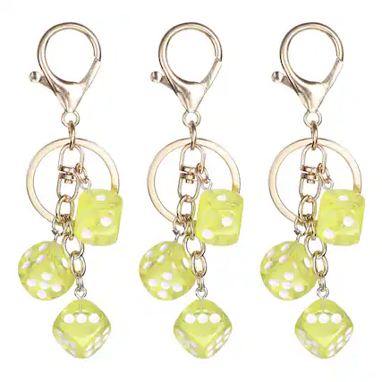 Front. Unique Bargains - 3pcs Lucky Dice Keychain Charm, Resin 3D Cube Mini Dice Keyrings Holder w/ 3 Pendants for Bag, Wallet, Purse, Car, Phone - Light Yellow.