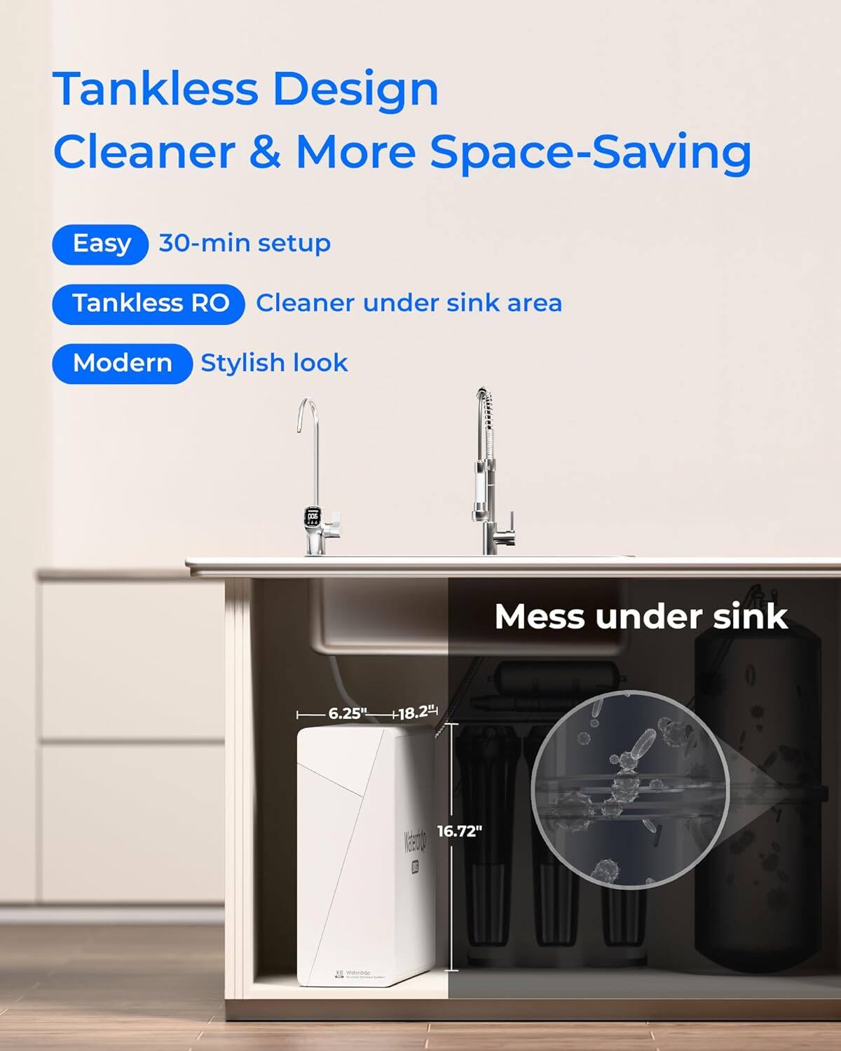 Tankless Design Cleaner & More Space-Saving

- Easy: 30-min setup
- Tankless RO: Cleaner under sink area
- Modern: Stylish look

Mess under sink

Dimensions:
- 6.25" x 18.2" x 16.72"