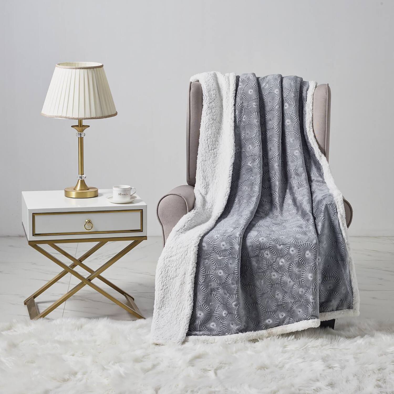 Alt View 4. Noble House - Plazatex Louvre Sherpa Decorative Super Soft Throw Blanket for Sleep/Decor 50" x 60" Grey - Grey.