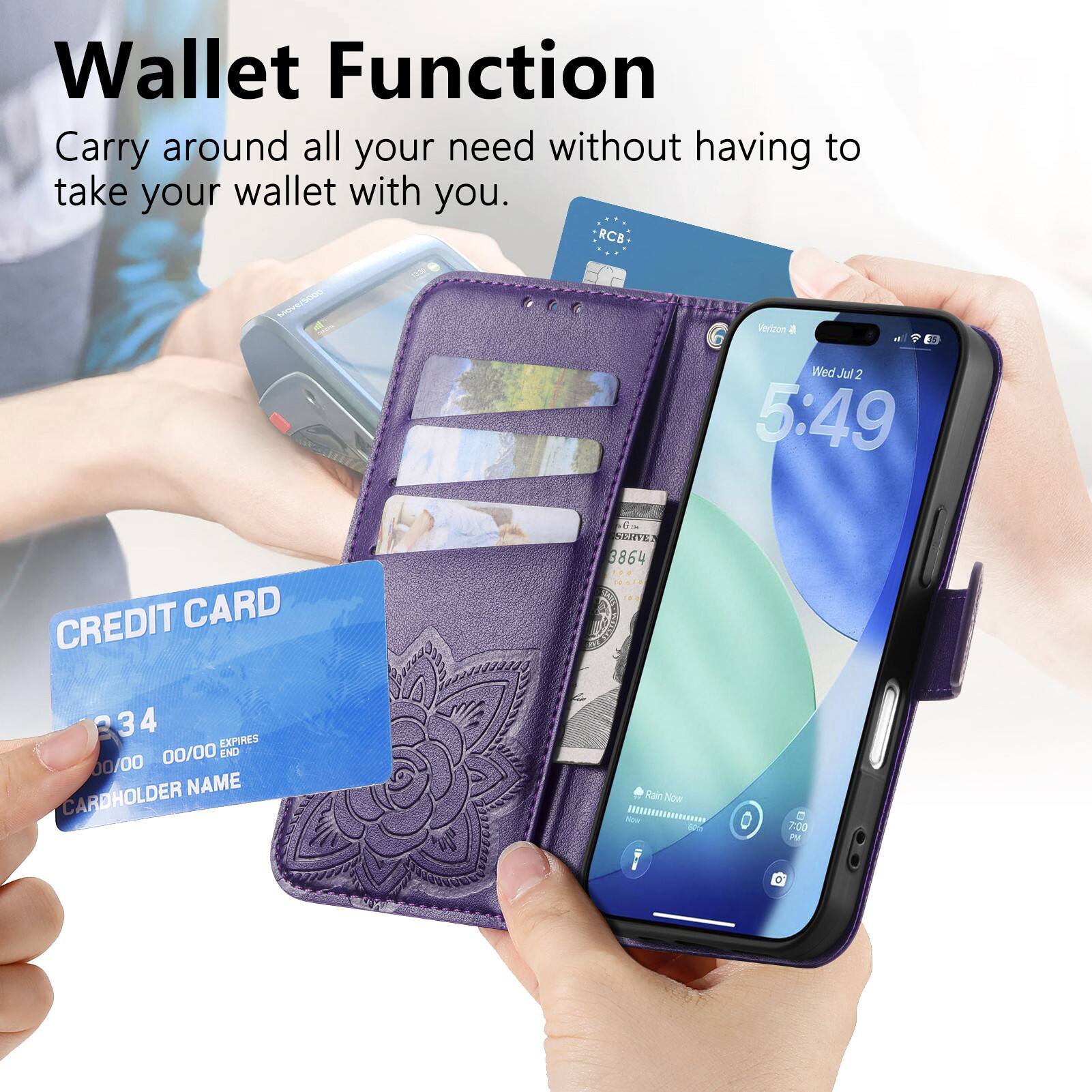 Wallet Function  
Carry around all your need without having to take your wallet with you.

CREDIT CARD  
3864 234 4  
EXPIRES 00/00  
END 00/00  
CARDHOLDER NAME