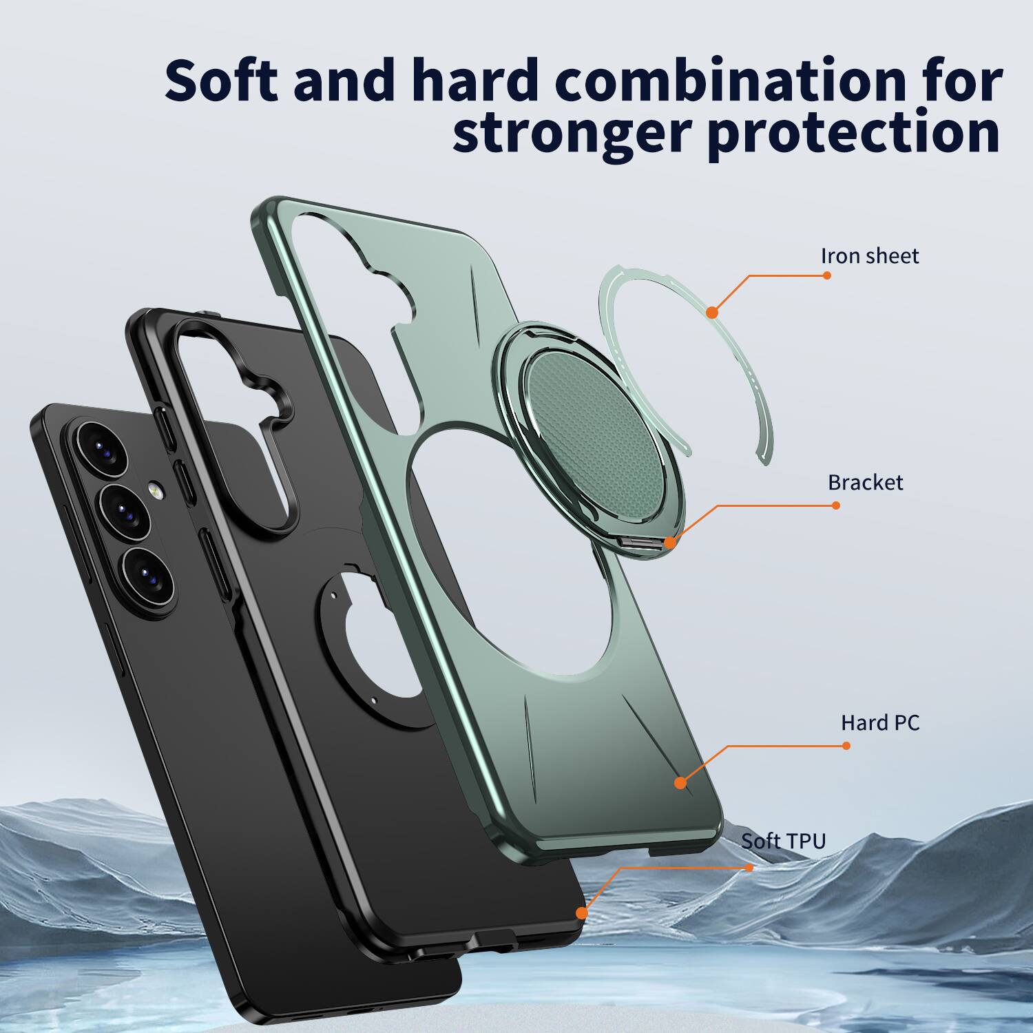Soft and hard combination for stronger protection  
Iron sheet  
Bracket  
Hard PC  
Soft TPU